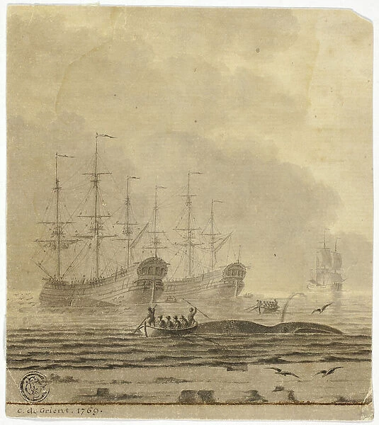 Whaling Ships and Small Boats with Whale, 1769. Creator: Cornelis Ouboter van der Grient
