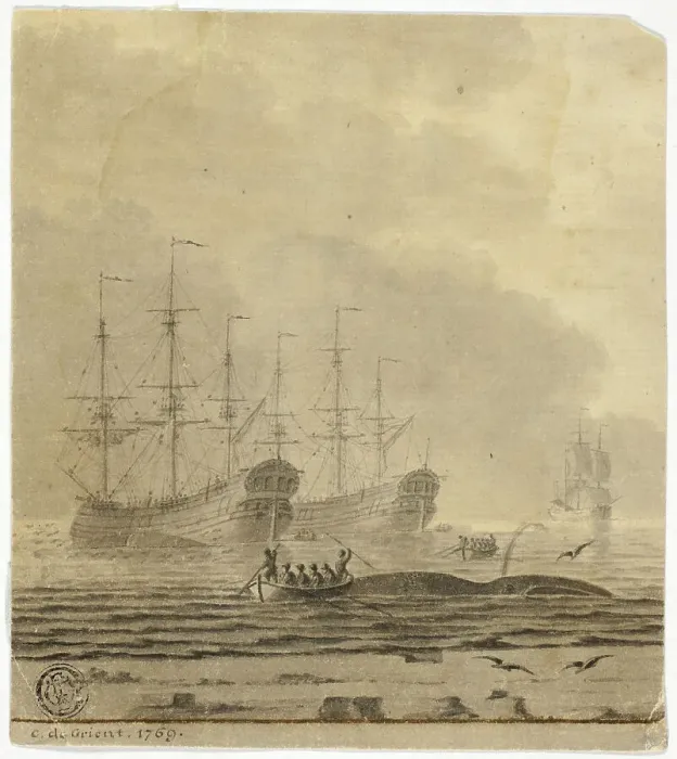 Framed Print : Whaling Ships and Small Boats with Whale, 1769. Creator: Cornelis Ouboter van der Grient Framed Print : Whaling Ships and Small Boats with Whale, 1769. Creator: Cornelis Ouboter van der Grient