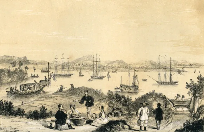 Framed Print : Whampoa near Canton, the anchorage for European shipping, 1847. Artist: JW Giles Framed Print : Whampoa near Canton, the anchorage for European shipping, 1847. Artist: JW Giles
