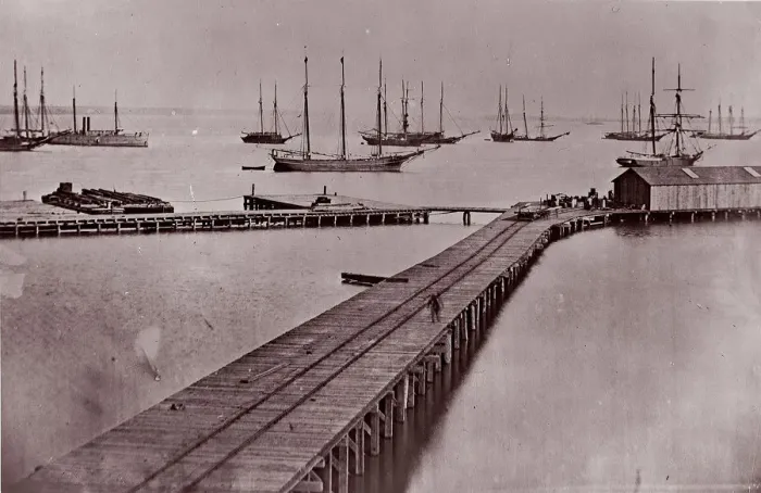 Framed Print : [Wharves on the James River, City Point]. Brady album, p. 10, 1861-65