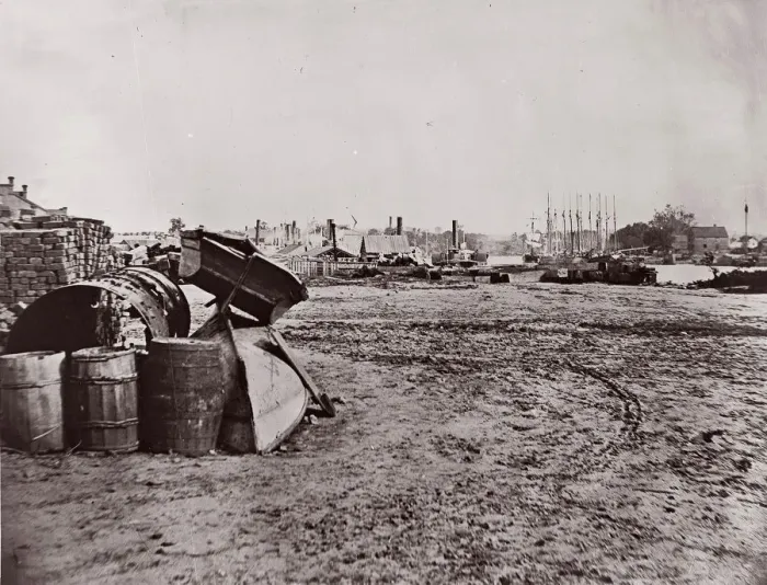 Framed Print : Wharves at Richmond, Virginia, 1865. Creator: Alexander Gardner Framed Print : Wharves at Richmond, Virginia, 1865. Creator: Alexander Gardner