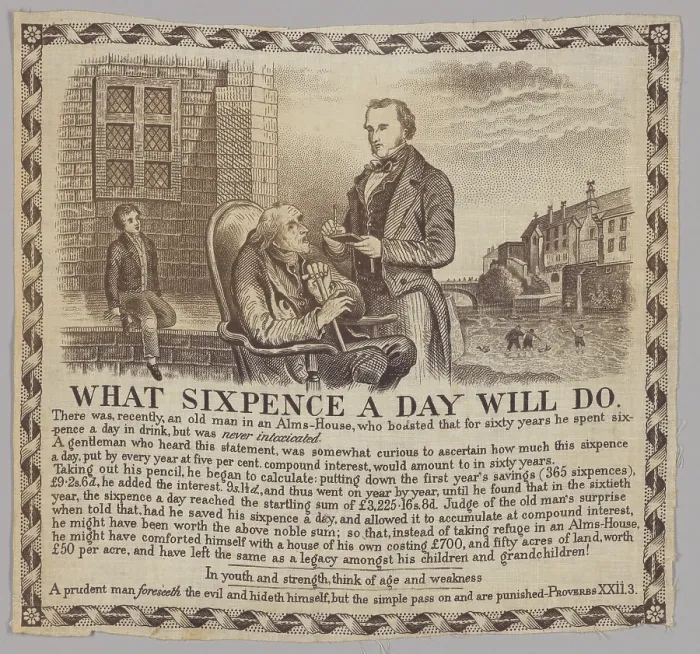 Framed Print : 'What Sixpence a Day Will Do'-picture printed on fabric, 19th century. Creator: Unknown Framed Print : 'What Sixpence a Day Will Do'-picture printed on fabric, 19th century. Creator: Unknown