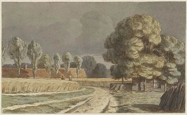 Wheat field between houses under a threatening thunderstorm in Hilversum, 1853-1858. Creator: Hendrik Abraham Klinkhamer