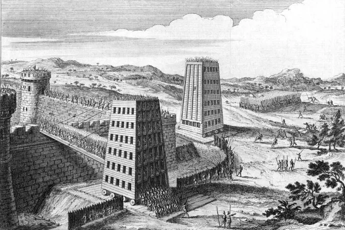 Framed Print : Wheeled siege towers and bridges, 13th century (18th century) Framed Print : Wheeled siege towers and bridges, 13th century (18th century)