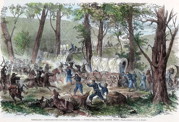 Wheelers Confederate cavalry capturing a supply train near Jasper, Tennessee, c1863