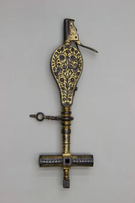 Framed Print : Wheellock Spanner with Priming Flask and Screwdriver, German, Munich, ca. 1610-30 Framed Print : Wheellock Spanner with Priming Flask and Screwdriver, German, Munich, ca. 1610-30