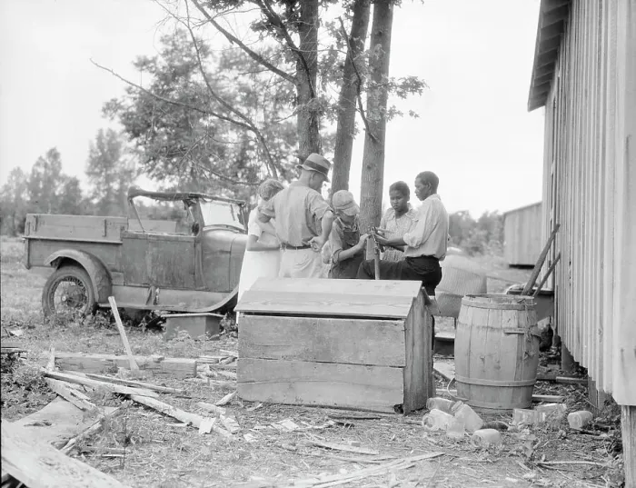 Framed Print : White and blacks solve problems together, Sherwood Eddy cotton cooperative...Mississippi, 1936. Creator: Dorothea Lange Framed Print : White and blacks solve problems together, Sherwood Eddy cotton cooperative...Mississippi, 1936. Creator: Dorothea Lange