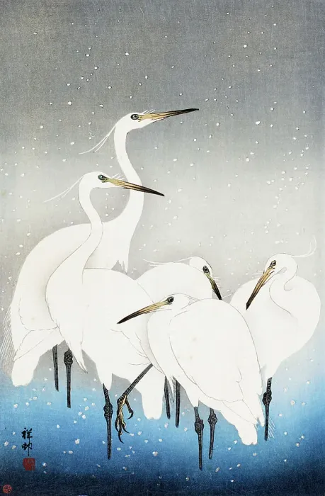 Framed Print : Five white egrets. 1927. Creator: Ohara Koson Framed Print : Five white egrets. 1927. Creator: Ohara Koson