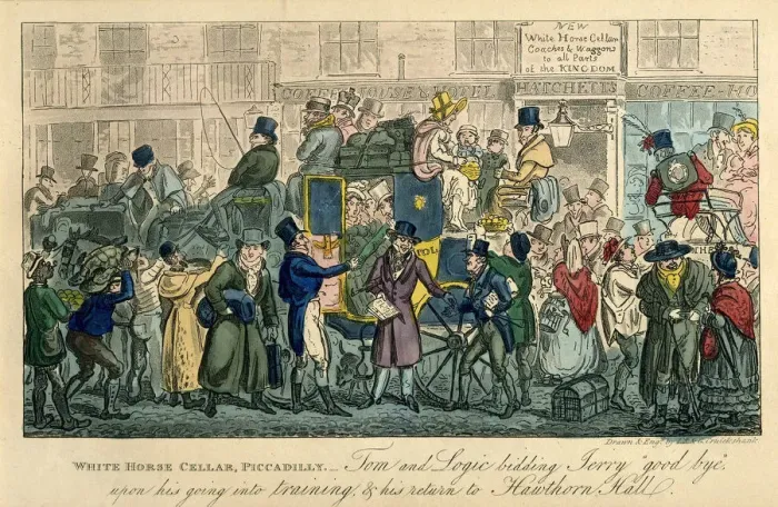 Framed Print : White Horse Cellar, Piccadilly (From: 36 scenes from real life), 1821. Artist: Cruikshank, Isaac Robert (1789-1856) Framed Print : White Horse Cellar, Piccadilly (From: 36 scenes from real life), 1821. Artist: Cruikshank, Isaac Robert (1789-1856)