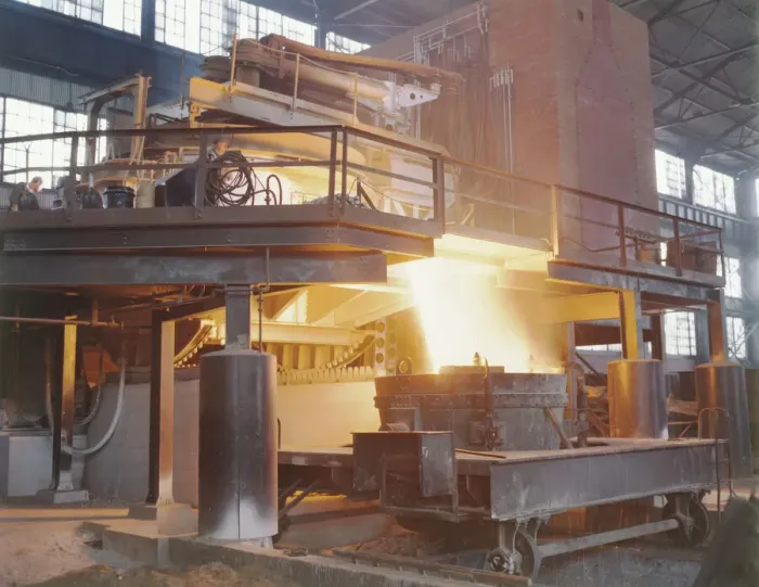 Framed Print : White-hot steel pours like water from a 35-ton electric furnace, Allegheny Ludlum Steele... (1941?) Creator: Alfred T Palmer Framed Print : White-hot steel pours like water from a 35-ton electric furnace, Allegheny Ludlum Steele... (1941?) Creator: Alfred T Palmer