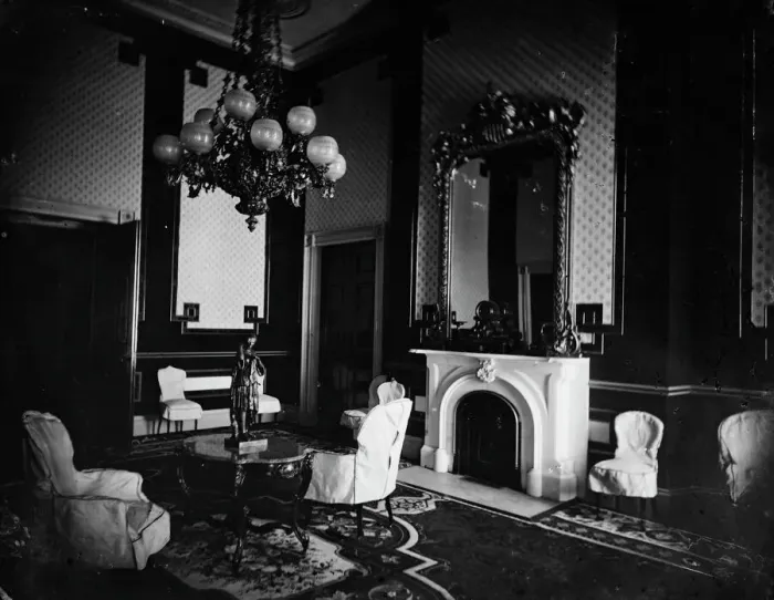 Framed Print : White House interior, Old Green Room (1st interior photo?) Presidents study, between 1860 and 1880. Creator: Unknown Framed Print : White House interior, Old Green Room (1st interior photo?) Presidents study, between 1860 and 1880. Creator: Unknown