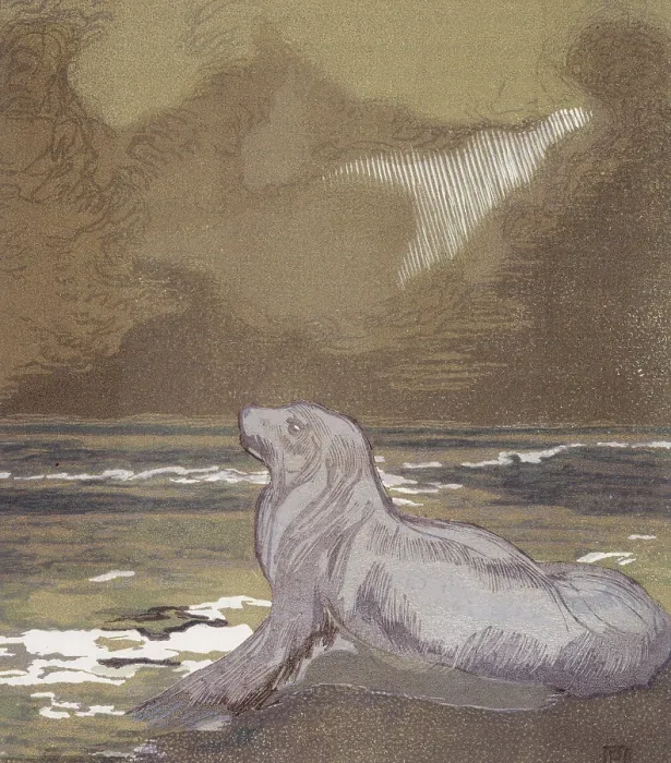 Framed Print : A white seal by the water; scene from 'The Jungle Book', 1919. Creator: Paul Jouve Framed Print : A white seal by the water; scene from 'The Jungle Book', 1919. Creator: Paul Jouve