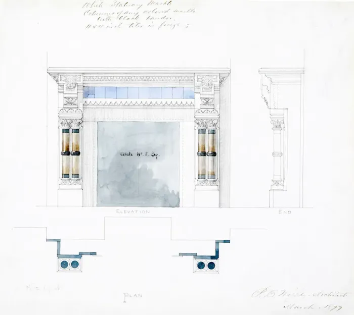 Framed Print : White Statuary Marble Mantel Design, Elevations and Plan, 1877 Framed Print : White Statuary Marble Mantel Design, Elevations and Plan, 1877