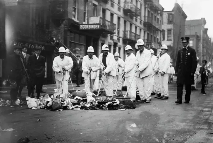 Framed Print : White Wings under police protection, 1911. Creator: Bain News Service Framed Print : White Wings under police protection, 1911. Creator: Bain News Service