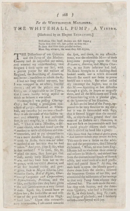 Framed Print : The Whitehall Pump (page from The Westminster Magazine), May 1, 1774. May 1, 1774. Creator: Anon Framed Print : The Whitehall Pump (page from The Westminster Magazine), May 1, 1774. May 1, 1774. Creator: Anon