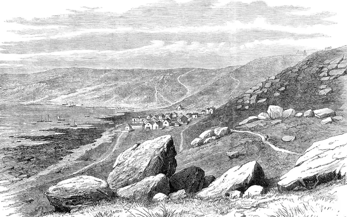 Framed Print : Whitsand Bay, Land's End, Cornwall, where the new Atlantic Cable was landed, 1881. Creator: Unknown. Whitsand Bay, Land's End, Cornwall, where the new Atlantic Cable was landed, 1881. Creator: Unknown