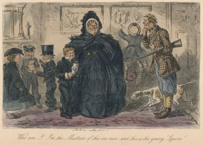 Framed Print : Who am I! I m the Mistress of this ere ouse, and this is the young Squire!, 1865. Artist: John Leech Framed Print : Who am I! I m the Mistress of this ere ouse, and this is the young Squire!, 1865. Artist: John Leech
