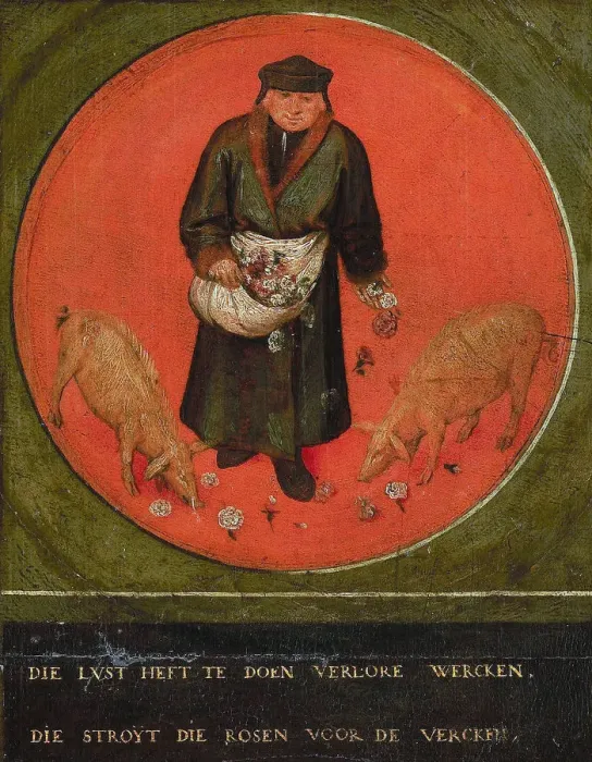 Framed Print : He who would waste his effort casts roses before swine, 1558. Creator: Bruegel (Brueghel) Framed Print : He who would waste his effort casts roses before swine, 1558. Creator: Bruegel (Brueghel)