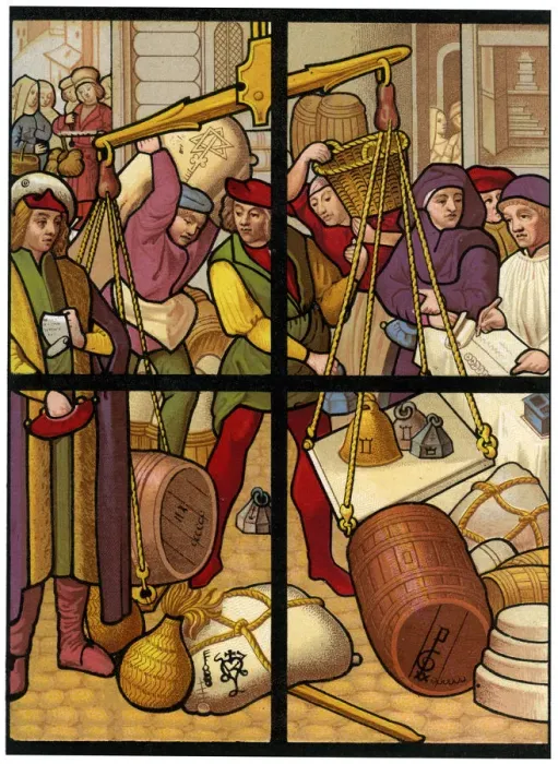 Framed Print : Wholesale dealers, 15th century (1849). Artist: Thurwanger Freres Framed Print : Wholesale dealers, 15th century (1849). Artist: Thurwanger Freres