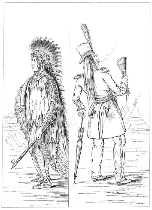 Framed Print : Wi-Jun-Jon in native costume and in regimental uniform, 1841. Artist: Myers and Co Framed Print : Wi-Jun-Jon in native costume and in regimental uniform, 1841. Artist: Myers and Co
