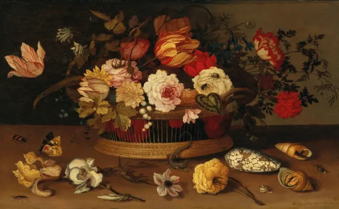 Framed Print : A wicker basket with flowers and shells on a stone-ledge Framed Print : A wicker basket with flowers and shells on a stone-ledge