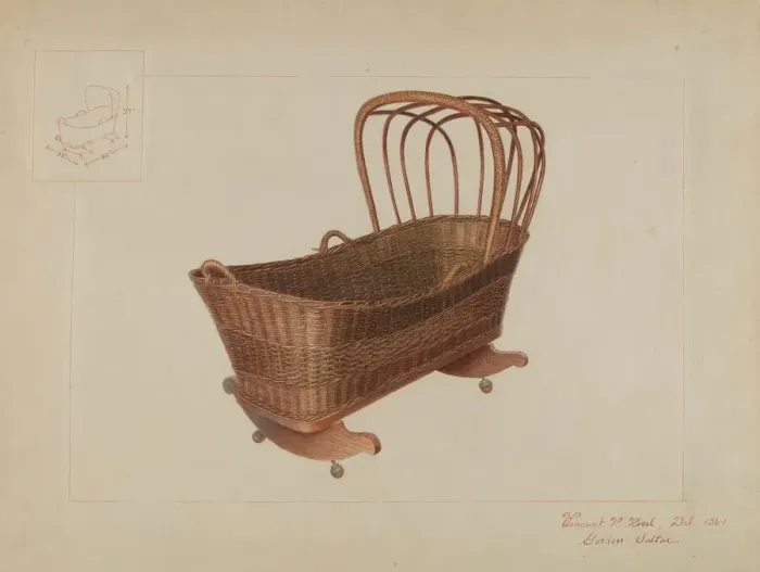 Framed Print : Wicker Cradle, c. 1937. Creator: Vincent P. Rosel Framed Print : Wicker Cradle, c. 1937. Creator: Vincent P. Rosel
