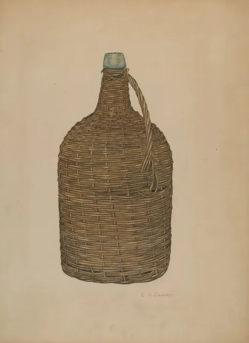Framed Print : Wicker Demijohn, c. 1940. Creator: Clarence W Dawson Framed Print : Wicker Demijohn, c. 1940. Creator: Clarence W Dawson