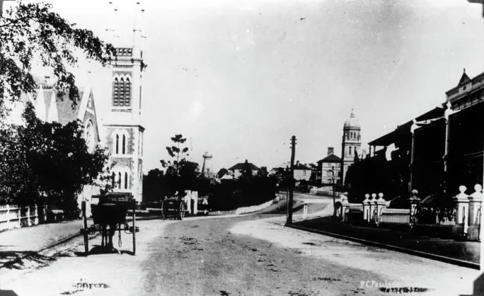 Framed Print : Wickham Terrace, Congregational Church on the left. Baptist Tabernacle on the right, 1894. Creator: Poul C Poulsen Framed Print : Wickham Terrace, Congregational Church on the left. Baptist Tabernacle on the right, 1894. Creator: Poul C Poulsen