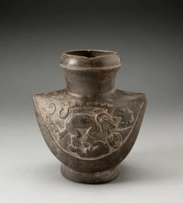 Framed Print : Wide-Mouthed Jar with Raised Motif of a Man Attacked by a Feline, 100 B. C. / A. D. 500 Framed Print : Wide-Mouthed Jar with Raised Motif of a Man Attacked by a Feline, 100 B. C. / A. D. 500
