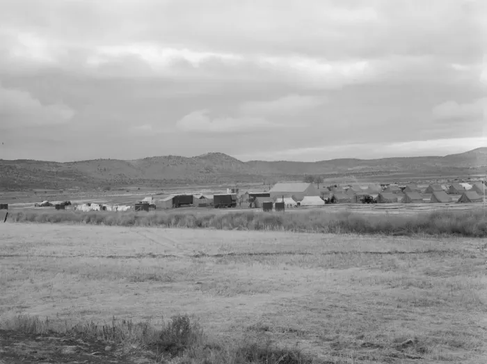Framed Print : Wide view of the first mobile camp unit (FSA), situated in the Klamath Basin, Oregon, 1939. Creator: Dorothea Lange Framed Print : Wide view of the first mobile camp unit (FSA), situated in the Klamath Basin, Oregon, 1939. Creator: Dorothea Lange