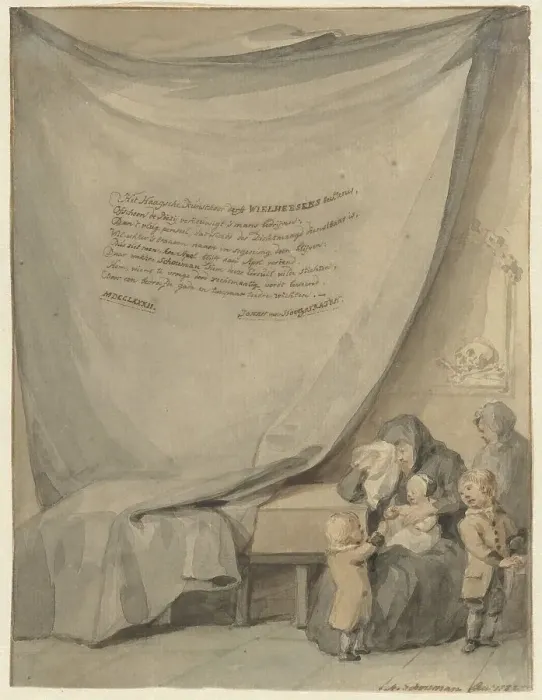Framed Print : Widow with four children and a coffin, 1782. Creator: Aert Schouman Framed Print : Widow with four children and a coffin, 1782. Creator: Aert Schouman