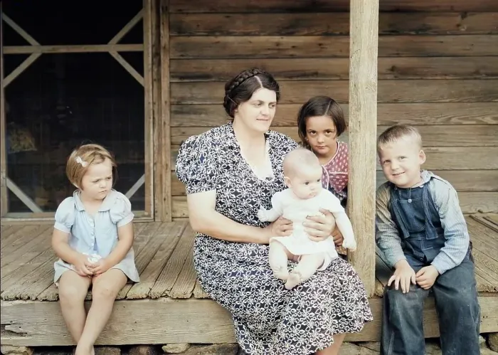 Framed Print : Wife and children of tobacco sharecropper on front porch, Person County, North Carolina, 1939. Creator: Dorothea Lange Framed Print : Wife and children of tobacco sharecropper on front porch, Person County, North Carolina, 1939. Creator: Dorothea Lange