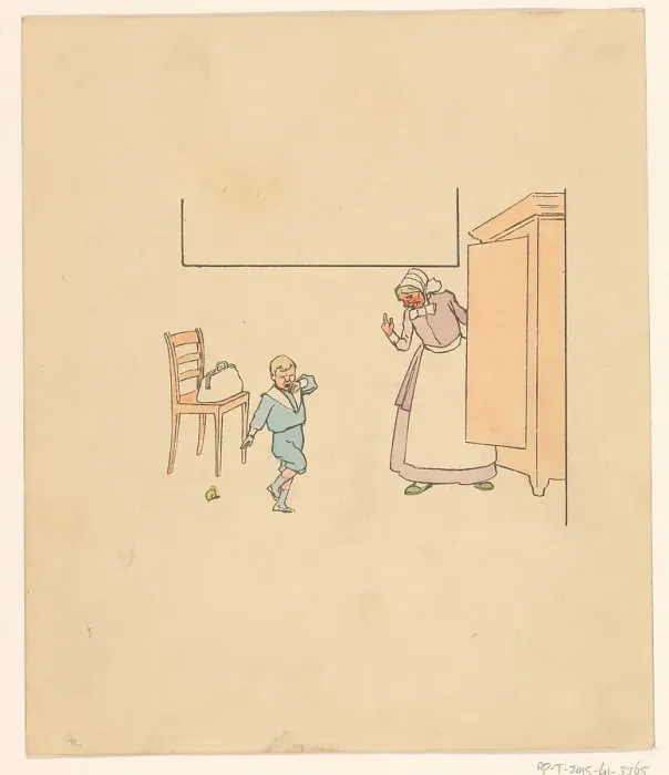 Framed Print : Wife and crying boy by a cupboard, c.1880-c.1910. Creator: Anon Framed Print : Wife and crying boy by a cupboard, c.1880-c.1910. Creator: Anon