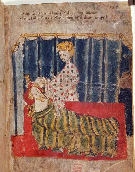 Framed Print : The wife of the Green Knight secretly visits Sir Gawain in his bedchamber, c1400-1410. Creator: Unknown Framed Print : The wife of the Green Knight secretly visits Sir Gawain in his bedchamber, c1400-1410. Creator: Unknown