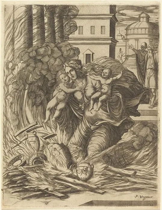 Framed Print : The Wife of Hasdrubal Throws Herself on the Fire. Creator: Pierre Woeiriot Framed Print : The Wife of Hasdrubal Throws Herself on the Fire. Creator: Pierre Woeiriot