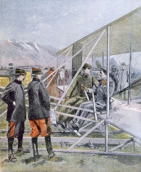 Wilbur Wright showing the King of Spain how is plane operates, from Petit Journal pub
