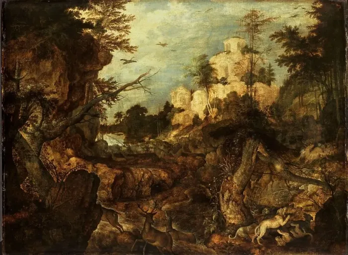 Framed Print : Wild boar hunt in a rocky landscape, 1620. Creator: Roelandt Savery Framed Print : Wild boar hunt in a rocky landscape, 1620. Creator: Roelandt Savery