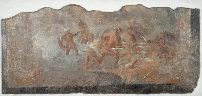 Framed Print : The Wild Boar Hunting, 1st century. Creator: Roman-Pompeian wall painting Framed Print : The Wild Boar Hunting, 1st century. Creator: Roman-Pompeian wall painting