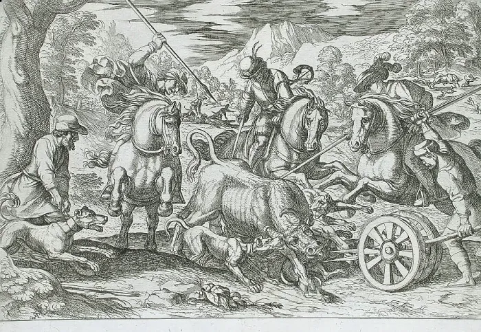Framed Print : Wild Bull Hunt, 16th century. Creator: Antonio Tempesta Framed Print : Wild Bull Hunt, 16th century. Creator: Antonio Tempesta