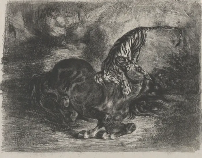 Framed Print : Wild Horse Felled by a Tiger, 1828. 1828. Creator: Eugene Delacroix Framed Print : Wild Horse Felled by a Tiger, 1828. 1828. Creator: Eugene Delacroix