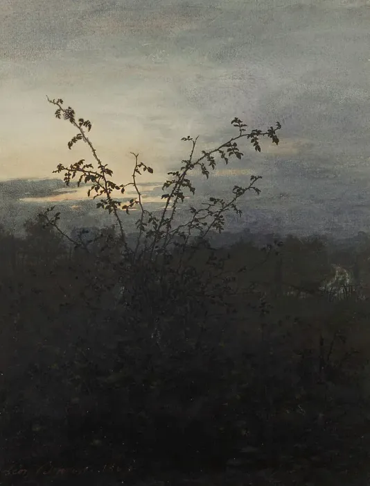 Framed Print : Wild Rose Bush in front of a Nocturnal Landscape, 1864. Creator: Leon Bonvin Framed Print : Wild Rose Bush in front of a Nocturnal Landscape, 1864. Creator: Leon Bonvin