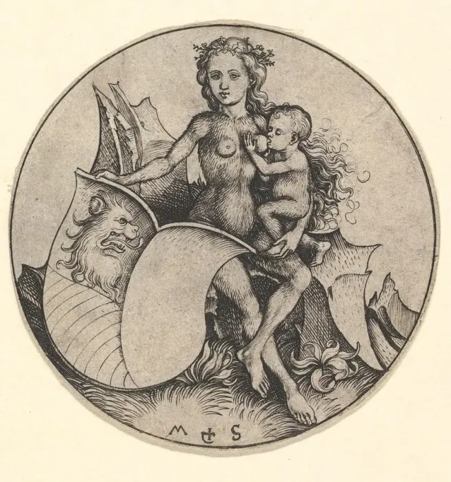 Framed Print : Wild Woman Holding a Shield with a Lions Head, ca. 1435-1491. Creator: Martin Schongauer Framed Print : Wild Woman Holding a Shield with a Lions Head, ca. 1435-1491. Creator: Martin Schongauer