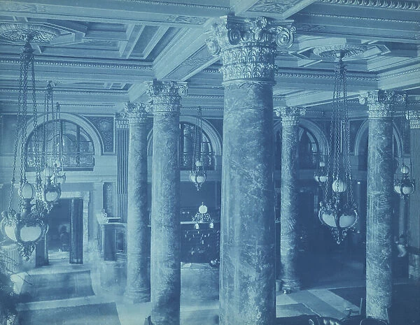 Willard Hotel, view of lobby ceiling, chandeliers and columns, between 1901 and 1910. Creator: Frances Benjamin Johnston