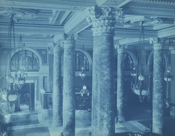 Framed Print : Willard Hotel, view of lobby ceiling, chandeliers and columns, between 1901 and 1910. Creator: Frances Benjamin Johnston Framed Print : Willard Hotel, view of lobby ceiling, chandeliers and columns, between 1901 and 1910. Creator: Frances Benjamin Johnston