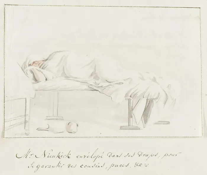 Framed Print : Willem Hendrik van Nieuwerkerke is wrapped in a sheet on his bed... 1778. Creator: Louis Ducros Framed Print : Willem Hendrik van Nieuwerkerke is wrapped in a sheet on his bed... 1778. Creator: Louis Ducros