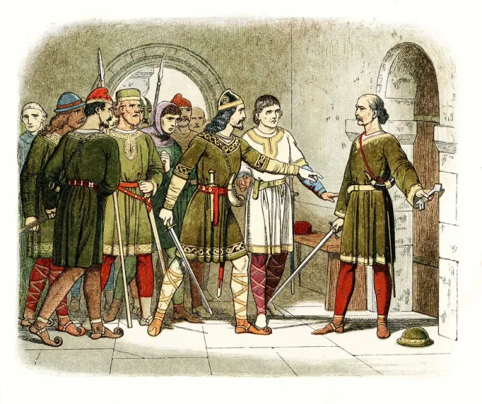 Framed Print : William de Breteuil defending the treasury at Winchester against Henry I, c1860 Framed Print : William de Breteuil defending the treasury at Winchester against Henry I, c1860