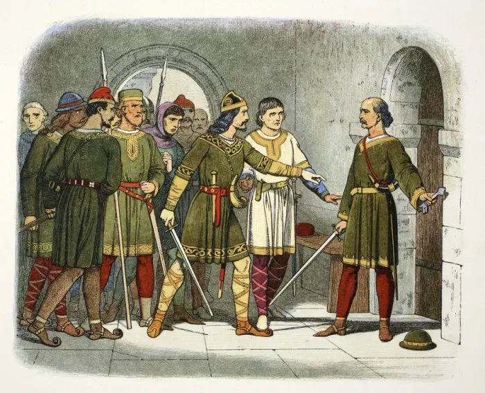Framed Print : William de Breteuil defends the treasury, Winchester, Hampshire, 1100 (1864). Artist Framed Print : William de Breteuil defends the treasury, Winchester, Hampshire, 1100 (1864). Artist