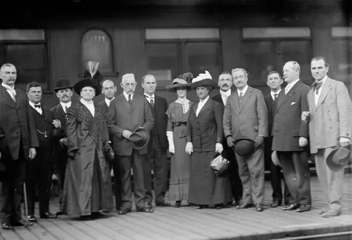 Framed Print : William D. [sic] Redmond M.P. Ireland, with Reception Committee: John Finucane... 1912. Creator: Harris & Ewing. William D. [sic] Redmond M.P. Ireland, with Reception Committee: John Finucane... 1912. Creator: Harris & Ewing