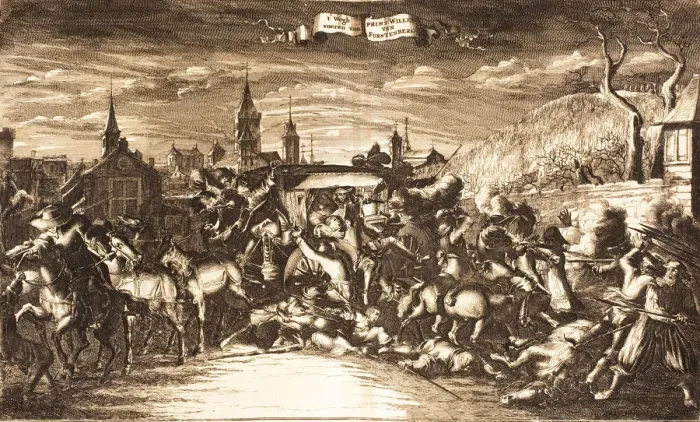 Framed Print : William Egon of Fürstenberg attacked in his coach in Cologne in 1674, 1675. Creator: Anonymous Framed Print : William Egon of Fürstenberg attacked in his coach in Cologne in 1674, 1675. Creator: Anonymous