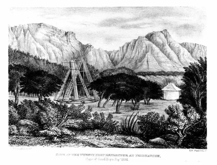 Framed Print : William Herschels 20ft telescope erected at Feldhausen, Cape of Good Hope, 1834-1838 (1847). Artist: G H Ford Framed Print : William Herschels 20ft telescope erected at Feldhausen, Cape of Good Hope, 1834-1838 (1847). Artist: G H Ford